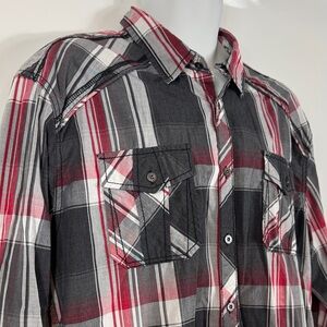 BKE™️ Men's XL Athletic Fit LS Red/Black Plaid Button-Up Shirt